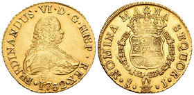 Fernando VI (1746-1759). 8 escudos. 1752. Santiago. J. (Cal-73). (Cal onza-645). Au. 27,01 g. Curioso defecto de cuño entre el busto y la fecha. Levís...