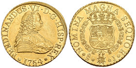 Fernando VI (1746-1759). 8 escudos. 1754. Santiago. J. (Cal-76). (Cal onza-648). Au. 26,99 g. Pequeños restos de brillo original. Muy rara. EBC/EBC+. ...