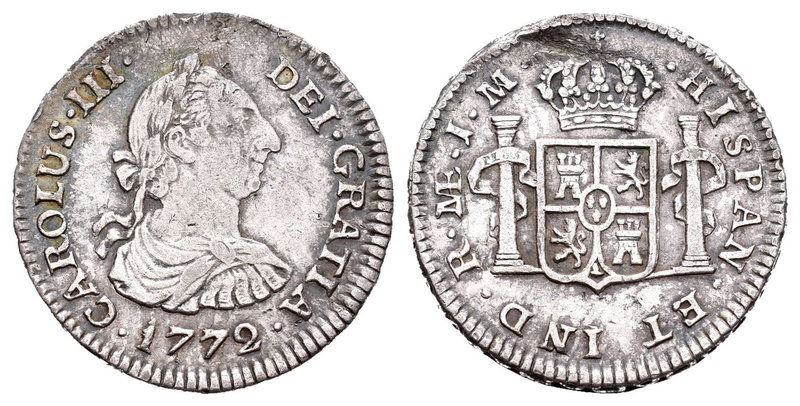 Carlos III (1759-1788). 1/2 real . 1772. Lima. (Cal-1703). Ag. 1,67 g. Defecto a...