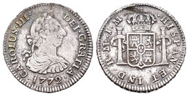 Carlos III (1759-1788). 1/2 real . 1772. Lima. (Cal-1703). Ag. 1,67 g. Defecto a las 12h. Escasa. MBC+. Est...50,00.