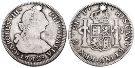 Carlos III (1759-1788). 2 reales. 1772. Guatemala. P. (Cal-1243). Ag. 7,22 g. Escasa. BC/BC+. Est...50,00.