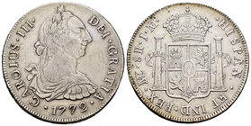 Carlos III (1759-1788). 8 reales. 1772. Lima. JM. (Cal-851). Ag. 26,87 g. Primer año de busto propio. Escasa. MBC/MBC+. Est...90,00.