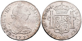 Carlos III (1759-1788). 8 reales. 1777. Lima. MJ. (Cal-858). Ag. 26,88 g. Cuño roto en anverso. MBC+. Est...90,00.