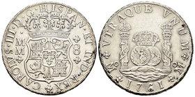 Carlos III (1759-1788). 8 reales. 1761. México. MM. (Cal-888). Ag. 26,80 g. Limpiada. MBC+. Est...160,00.