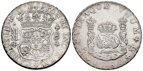 Carlos III (1759-1788). 8 reales. 1762. México. MM. (Cal-891). Ag. 27,14 g. Rayitas superficiales, aún así precioso ejemplar. EBC. Est...350,00.