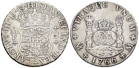 Carlos III (1759-1788). 8 reales. 1766. México. MF. (Cal-904). Ag. 26,74 g. Hojita en reverso. MBC+. Est...160,00.