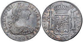 Carlos III (1759-1788). 8 reales. 1781. México. FF. (Cal-931). Ag. 26,72 g. Bonita pátina oscura. Rayitas. MBC+. Est...140,00.