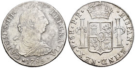 Carlos III (1759-1788). 8 reales. 1785. Potosí. PR. (Cal-992). Ag. 26,54 g. Oxidaciones superficiales limpiadas en anverso. BC+/MBC. Est...75,00.