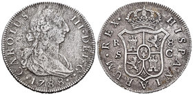 Carlos III (1759-1788). 8 reales. 1788. Sevilla. C. (Cal-1042). Ag. 26,44 g. Fuertes oxidaciones en anverso. BC/MBC-. Est...90,00.