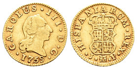 Carlos III (1759-1788). 1/2 escudo. 1759. Madrid. JP. (Cal-752). Au. 1,73 g. Escasa. MBC-/MBC. Est...140,00.