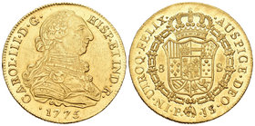 Carlos III (1759-1788). 8 escudos. 1775/4. Popayán. JS. (Cal-126). (Cal onza-803). Au. 26,98 g. Sin punto entre ensayadores. Ligera limpieza. Restos d...