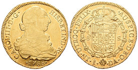 Carlos III (1759-1788). 8 escudos. 1788. Santiago. DA. (Cal-248). (Cal onza-949). Au. 26,91 g. Raya en anverso y hoja en reverso. MBC+. Est...920,00.