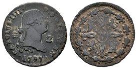 Carlos IV (1788-1808). 2 maravedís. 1797. Segovia. (Cal-1530 variante). Ae. 2,55 g. Variante por el 2 del valor grande. MBC-/BC. Est...18,00.