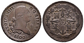 Carlos IV (1788-1808). 4 maravedís. 1800. Segovia. (Cal-1512 variante). Ae. 5,24 g. Variante por menor tamaño de los 0 de la fecha. MBC. Est...40,00....