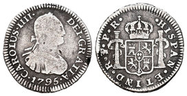 Carlos IV (1788-1808). 1/2 real. 1795. Potosí. PR. (Cal-1311). Ag. 160,00 g. Escasa. BC+. Est...25,00.