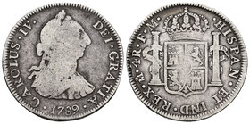 Carlos IV (1788-1808). 4 reales. 1789. México. FM. (Cal-838). Ag. 13,03 g. Busto de Carlos III y numeral del rey IV. Escasa. BC/BC+. Est...100,00.