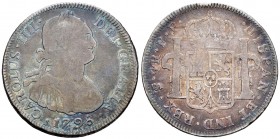 Carlos IV (1788-1808). 4 reales. 1798. Potosí. PP. (Cal-875). Ag. 13,21 g. Golpecito en el canto. Ligera pátina iridiscente. BC+. Est...35,00.