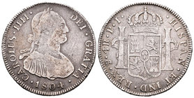 Carlos IV (1788-1808). 4 reales. 1804. Potosí. PJ. (Cal-881). Ag. 13,09 g. BC+. Est...65,00.