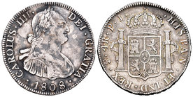 Carlos IV (1788-1808). 4 reales. 1808. Potosí. PJ. (Cal-885 variante). Ag. 13,37 g. Sin sobrefecha. Pátina irregular. MBC+. Est...100,00.