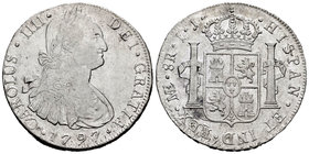 Carlos IV (1788-1808). 8 reales. 1797. Lima. IJ. (Cal-652). Ag. 26,06 g. Rayitas. MBC. Est...70,00.