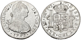 Carlos IV (1788-1808). 8 reales. 1798. Lima. IJ. (Cal-653). Ag. 27,25 g. Rayitas. Restos de brillo original. MBC+/EBC-. Est...90,00.