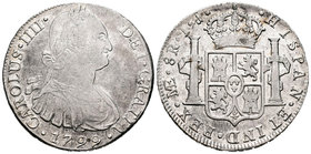 Carlos IV (1788-1808). 8 reales. 1799. Lima. IJ. (Cal-654). Ag. 26,90 g. MBC+. Est...70,00.