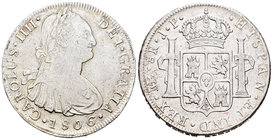 Carlos IV (1788-1808). 8 reales. 1806. Lima. JP. (Cal-663). Ag. 27,00 g. MBC-/MBC. Est...40,00.
