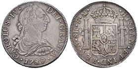 Carlos IV (1788-1808). 8 reales. 1789. México. FM. (Cal-681). Ag. 26,96 g. Busto de Carlos III y ordinal IV. Tono. Escasa. MBC. Est...80,00.