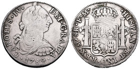 Carlos IV (1788-1808). 8 reales. 1789. México. FM. (Cal-681). Ag. 26,72 g. Busto de Carlos III y ordinal IV. Rayas de ajuste en reverso. Escasa. BC+. ...