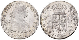 Carlos IV (1788-1808). 8 reales. 1792. México. FM. (Cal-685). Ag. 26,84 g. Golpecitos canto. MBC. Est...50,00.
