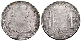 Carlos IV (1788-1808). 8 reales. 1793. México. FM. (Cal-686). Ag. 26,63 g. BC. Est...30,00.