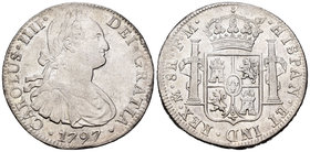 Carlos IV (1788-1808). 8 reales. 1797. México. FM. (Cal-691). Ag. 26,87 g. MBC+. Est...90,00.