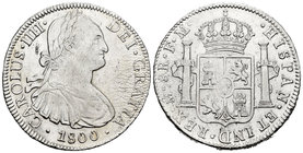 Carlos IV (1788-1808). 8 reales. 1800. México. FM. (Cal-695). Ag. 26,86 g. Plata ligeramente agria y hojita en anverso. EBC-. Est...110,00.
