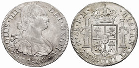 Carlos IV (1788-1808). 8 reales. 1800. México. FM. (Cal-695). Ag. 26,88 g. Rayitas. Restos de brillo original. MBC+. Est...60,00.