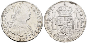 Carlos IV (1788-1808). 8 reales. 1803. México. FT. (Cal-699). Ag. 26,95 g. MBC. Est...80,00.