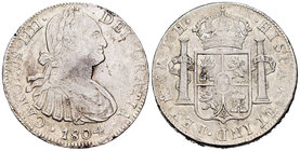 Carlos IV (1788-1808). 8 reales. 1804. México. TH. (Cal-701). Ag. 26,91 g. MBC-. Est...75,00.