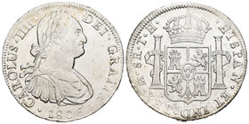 Carlos IV (1788-1808). 8 reales. 1806. México. TH. (Cal-705). Ag. 26,87 g. Leves oxidaciones. MBC-/MBC+. Est...70,00.