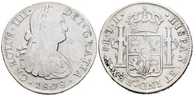 Carlos IV (1788-1808). 8 reales. 1808. México. TH. (Cal-709). Ag. 26,56 g. Limpiada. BC+. Est...40,00.