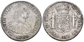 Carlos IV (1788-1808). 8 reales. 1795. Potosí. PP. (Cal-718). Ag. 27,01 g. Escasa. MBC+. Est...140,00.