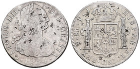 Carlos IV (1788-1808). 8 reales. 1804. Potosí. PJ. (Cal-727). Ag. 26,54 g. Resellos orientales. BC+. Est...70,00.