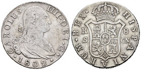 Carlos IV (1788-1808). 8 reales. 1802. Sevilla. CN. (Cal-777). Ag. 26,62 g. Golpecito y rayitas en anverso. MBC-. Est...250,00.