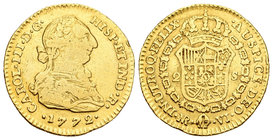 Carlos III (1759-1788). 2 escudos. 1772. Santa Fe de Nuevo Reino. VJ. (Cal-549). Au. 6,68 g. Primer año de busto propio. Golpecito en el canto. MBC-. ...