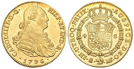 Carlos IV (1788-1808). 4 escudos. 1796. Madrid. MF. (Cal-205). Au. 13,66 g. Atractiva. Brillo original. EBC+. Est...750,00.