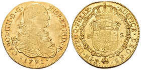Carlos IV (1788-1808). 8 escudos. 1791. Popayán. SF. (Cal-68). (Cal onza-1050). Au. 27,01 g. Canto perdido. Algunas marquitas. Restos de brillo origin...