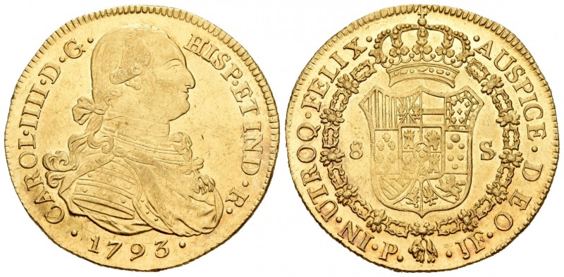 Carlos IV (1788-1808). 8 escudos. 1793. Popayán. JF. (Cal-71). (Cal onza-1054). ...