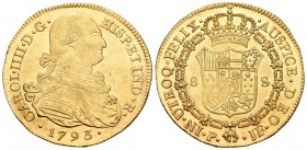 Carlos IV (1788-1808). 8 escudos. 1793. Popayán. JF. (Cal-71). (Cal onza-1054). Au. 27,06 g. Mínimas rayitas. Falta de presión en un cuarto del escudo...