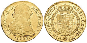 Carlos IV (1788-1808). 8 escudos. 1789. Santiago. DA. (Cal-146). (Cal onza-1151). Au. 26,96 g. Busto de Carlos III y ordinal IIII. Hojita y marquitas ...