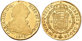 Carlos IV (1788-1808). 8 escudos. 1804. Santiago. FJ. (Cal-166). (Cal onza-1177). Au. 27,17 g. Busto de Carlos III y ordinal IIII. Golpecito en busto ...