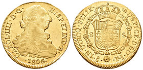 Carlos IV (1788-1808). 8 escudos. 1806/5. Santiago. FJ. (Cal-168). (Cal onza-1180). Au. 26,94 g. Busto de Carlos III y ordinal IIII. Clara sobrefecha....