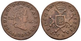 Fernando VII (1808-1833). 3 maravedís. 1820. Pamplona. (Cal-1641). Ae. 6,04 g. Variante de busto. MBC+. Est...75,00.